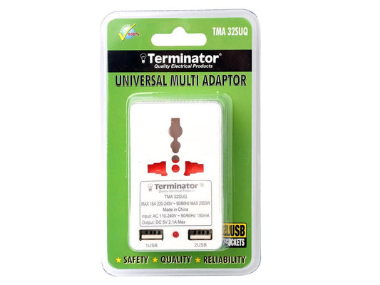 Terminator 3 Way Power Adaptor 3Pin Round To 1 Universal - 2 (2Pin) & 2 USB With Indicator & Shutter