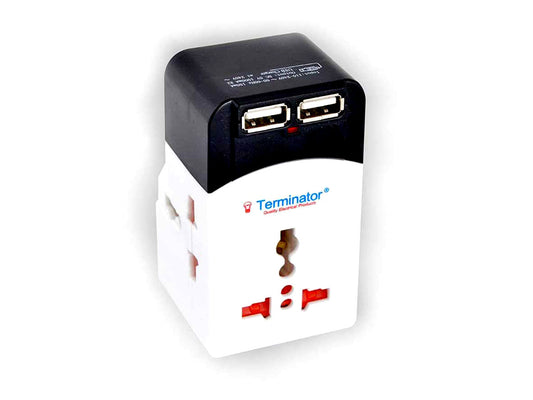 Terminator 3 Way Power Adaptor 3Pin Flat To UK 3Pin Socket & 2 USB With Shutter