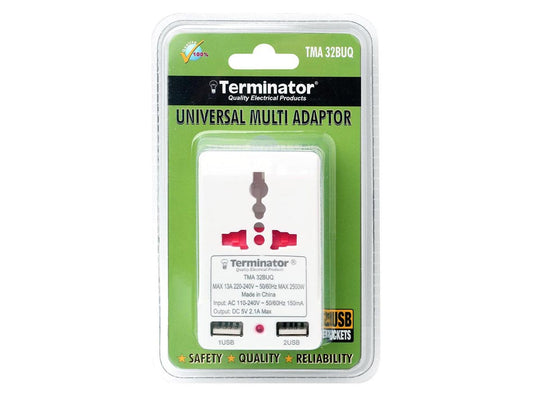 Terminator 3 Way Power Adaptor 3Pin Flat To 1 Universal - 2 (2Pin) & 2 USB With Indicator & Shutter