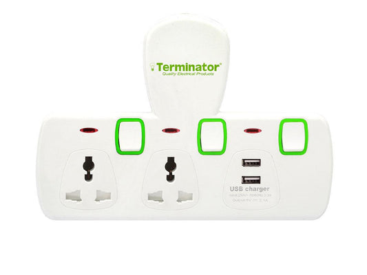 Terminator 2 Way Power Adaptor 3Pin To T Universal Socket & 2 USB With Switch & Indicator