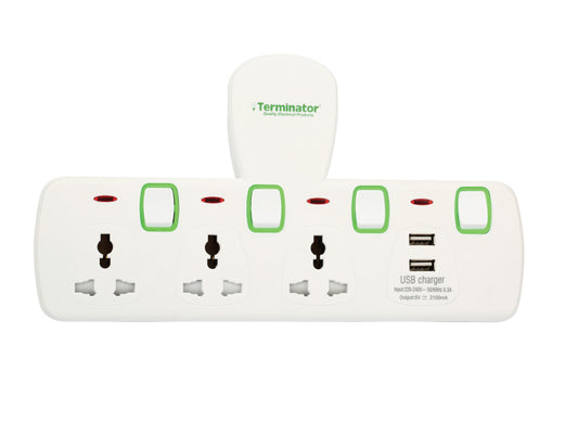 Terminator 3 Way Power Adaptor 3Pin To T Universal Socket & 2 USB With Switch & Indicator