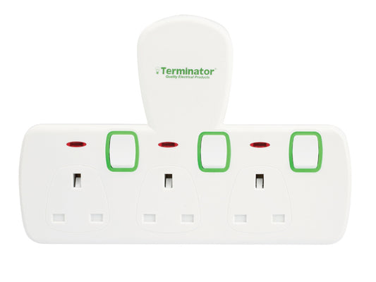 Terminator 3 Way Power Adaptor 3Pin To T UK-3Pin Socket With Switch & Indicator