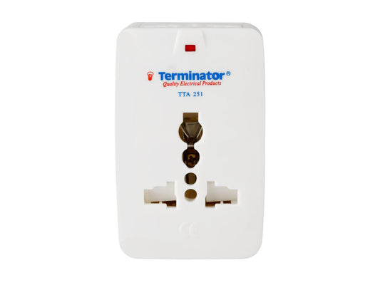 Terminator 2 Way Travel Adaptor Multi Pin To Universal Socket With Indicator & Shutter