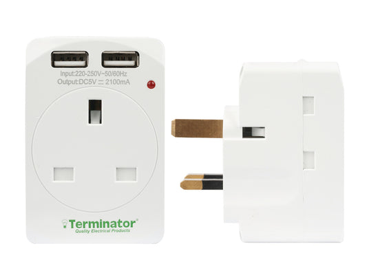 Terminator 3 Way Power Adaptor 3Pin Flat To UK 3Pin Socket & 2 USB With Indicator & Shutter