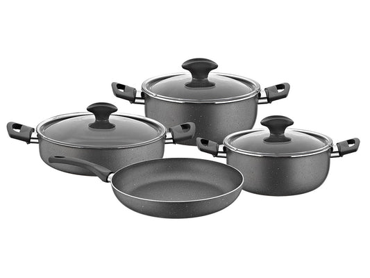 Papilla Fred Series Alumunium 7 PCS Set 20-24CM Casserole, 26CM Flat fry pan with Tempered Glass Lids, with stainless steel rim and steam hole - Black