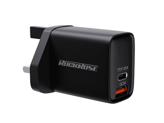 Rockrose 30W PD & QC 3.0 2-Port Wall Charger UK - Standard Black