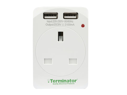 Terminator 3 Way Power Adaptor 3Pin Flat To UK 3Pin Socket & 2 USB With Indicator & Shutter