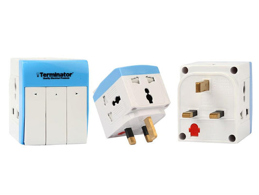 Terminator 3 Way Travel Adaptor 3Pin To Universal Socket With Switches & Shutter